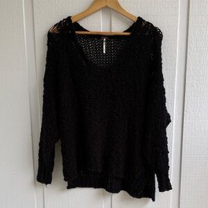 Free People Black Open-Weave V-Neck Sweater Sunday Shore XS